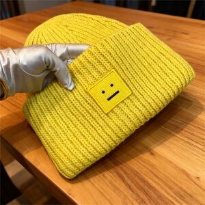 Acne Yellow Knit Beanie with Emoji Patch